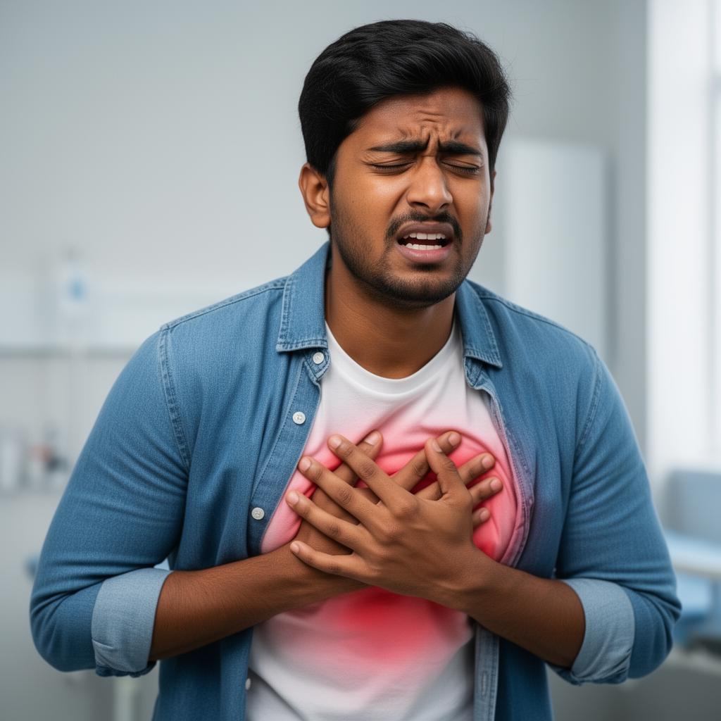 Young Indian patient experiencing chest pain — heart attack